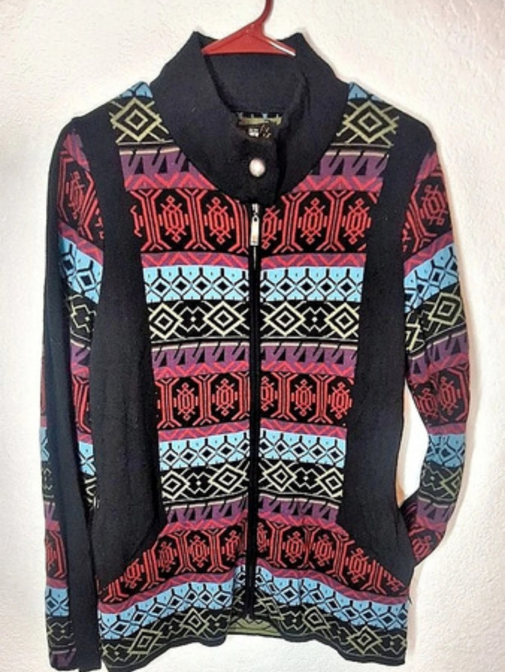 Icelandic Design 100% Wool Geometric Full Zip Sweater Knit Cardigan Jacket